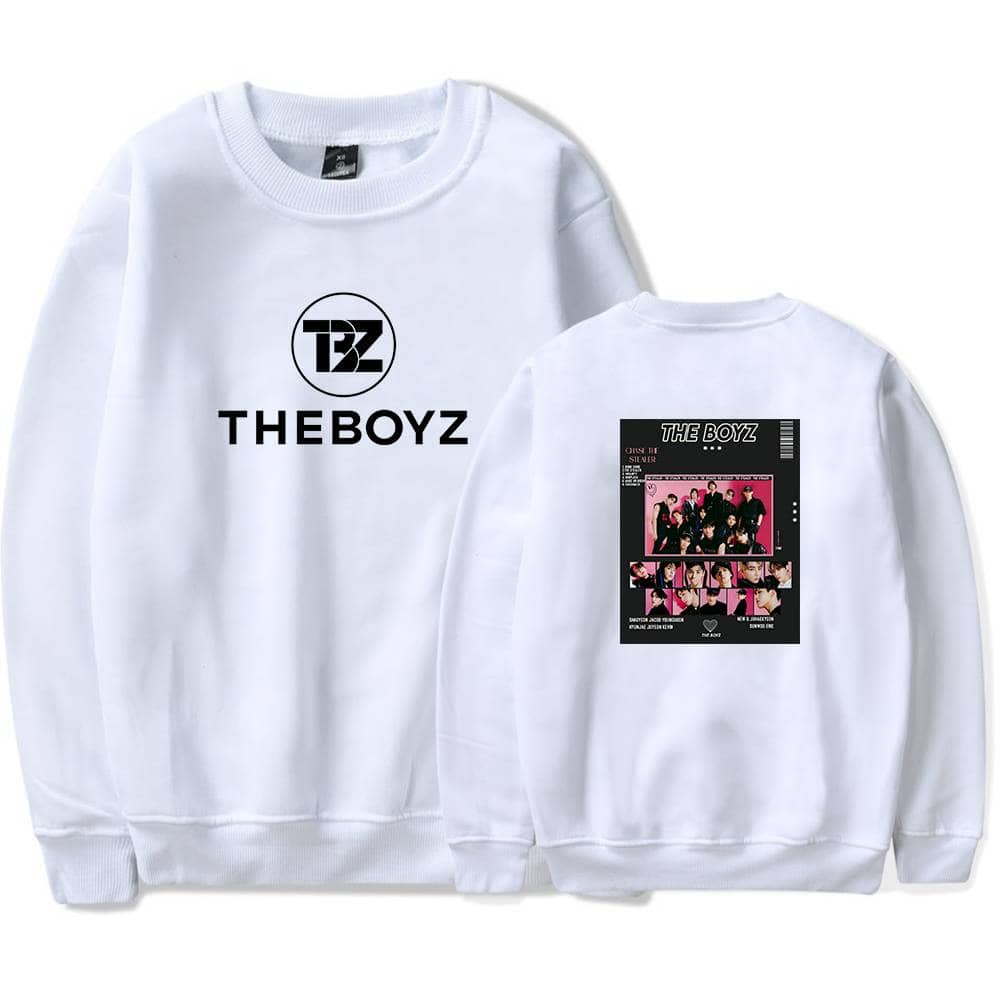 TBZ THE BOYZ white digital print sweatshirt with logo front and album cover back, casual streetwear style, comfortable cotton fabric, perfect for fans and everyday wear.