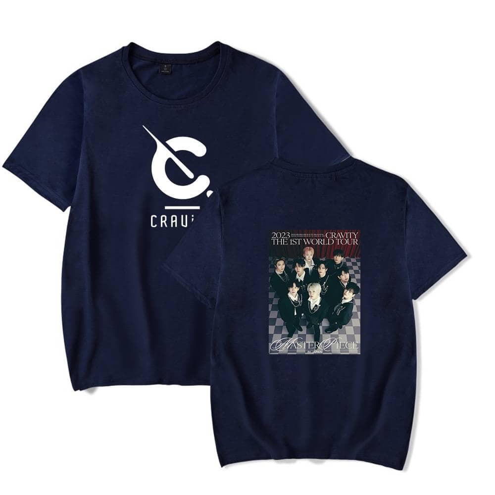 CRAVITY 2023 THE 1ST WORLD TOUR MASTER PIECE navy T-shirt, featuring band logo and concert photo, perfect merch for K-pop fans and collectors.