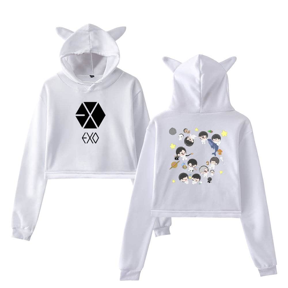 EXO cute cartoon hoodie set with animal ears, white color, fun design for fans and kids, comfortable casualwear for everyday use. Perfect for fans of the popular K-pop group EXO.