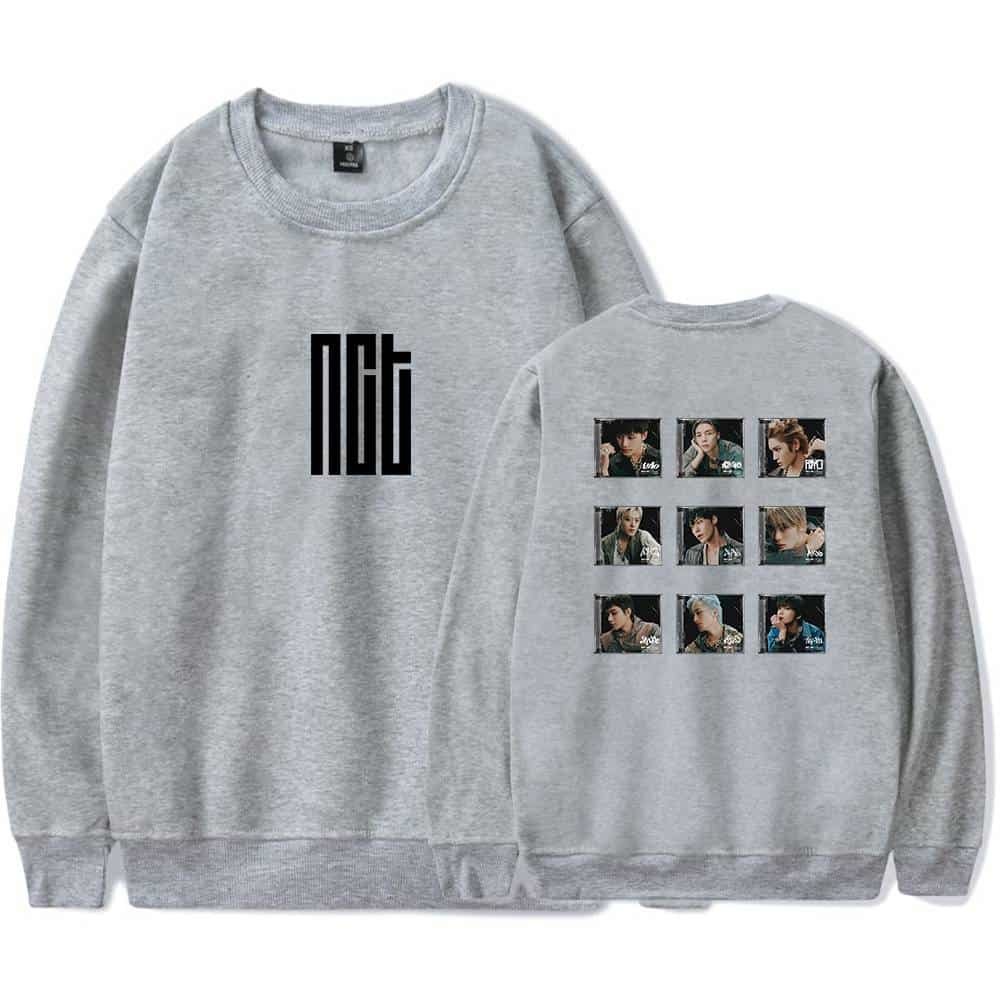 Nct sweatshirt with front logo and back photo grid of band members, casual streetwear merch.