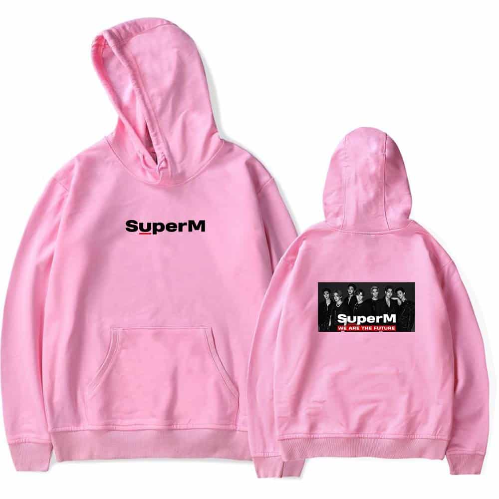 Superm pink hoodie with logo and group image on back, casual streetwear merchandise for fans of the K-pop group.