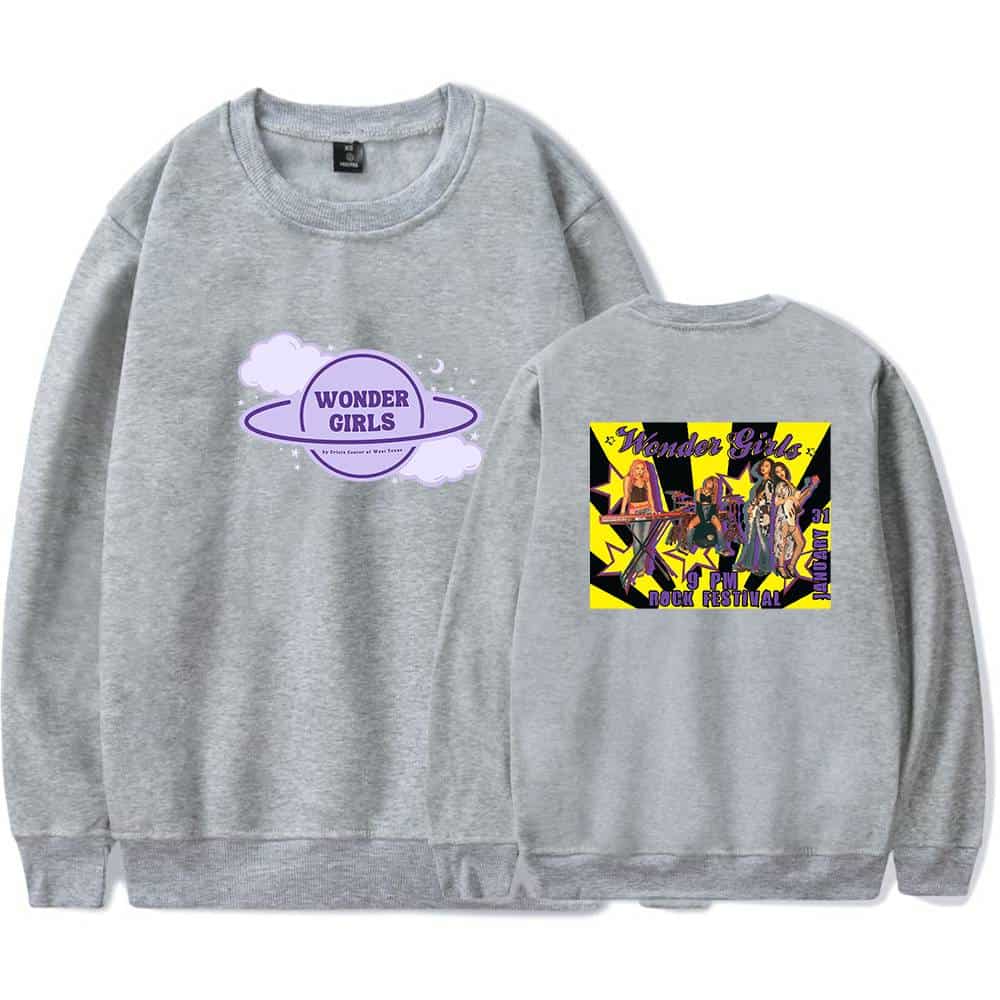 Wonder Girls space-themed logo and concert graphic sweatshirt, featuring a retro '80s style band illustration for music fans.