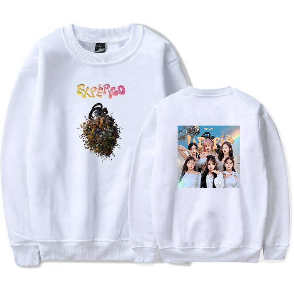 Bright white sweatshirts featuring colorful graphic designs of a perfume bottle with flowers and a group of young women, perfect for fans and casual wear.
