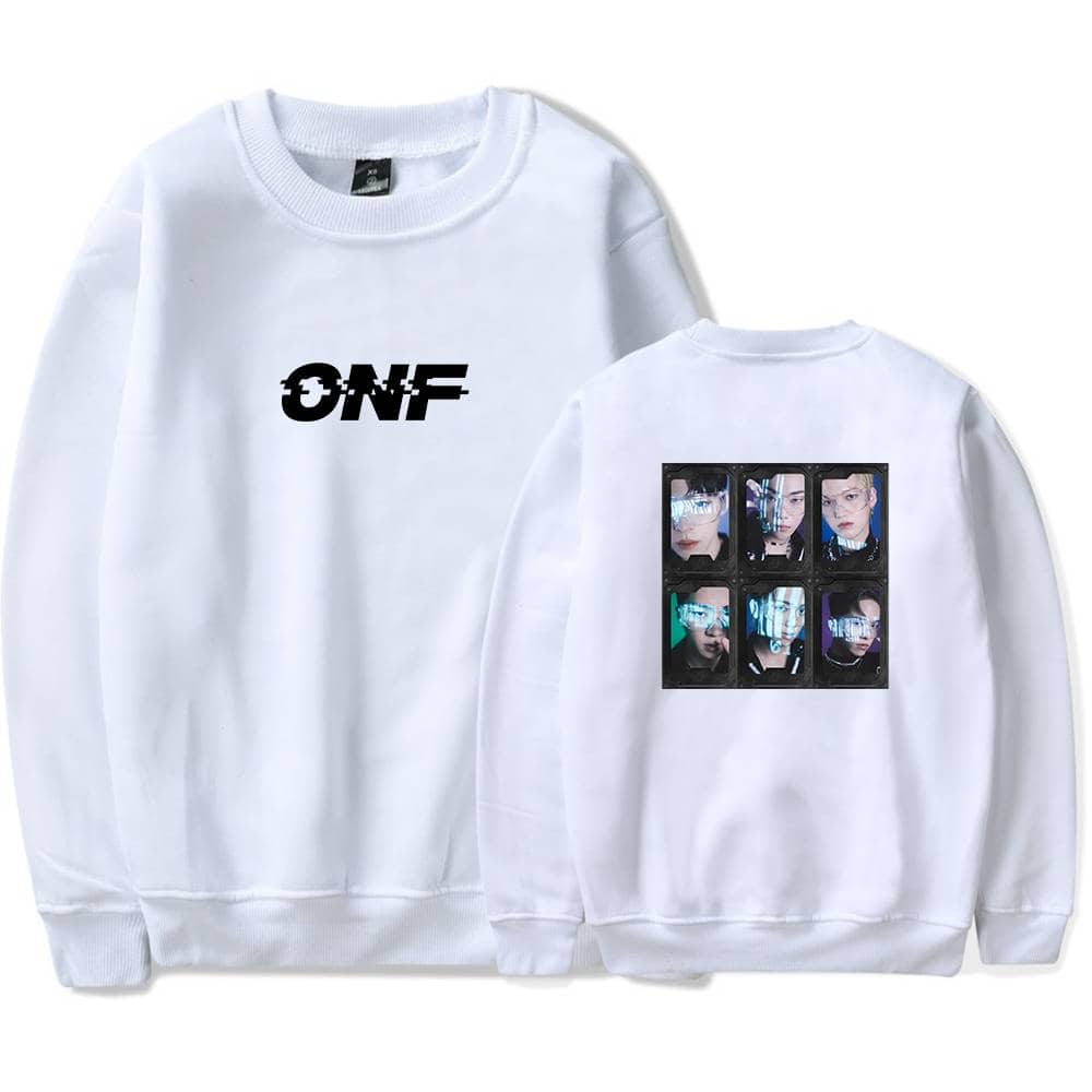 ONF white sweatshirt with bold black logo on front and a collage of six photos of the K-pop group members on the back, featuring futuristic and stylish designs.