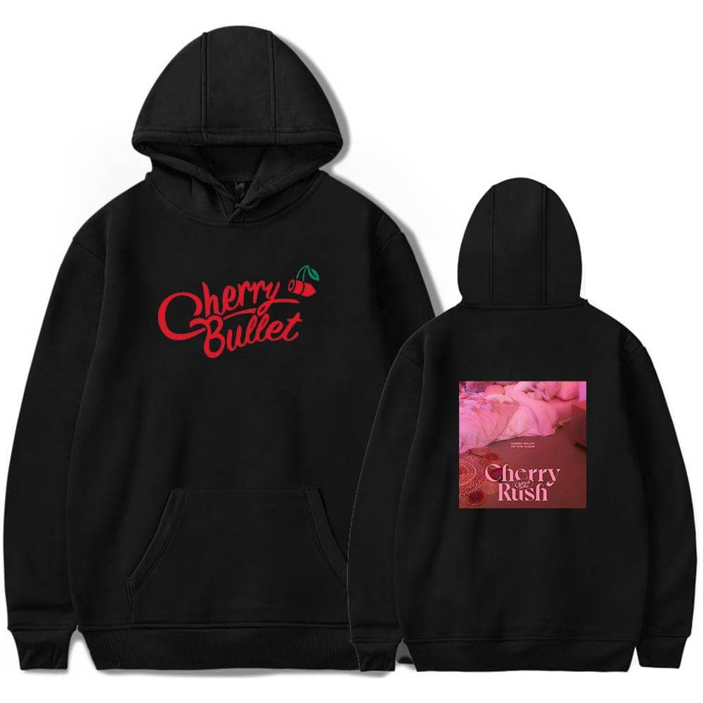 Cherry Bullet hoodie with front cherry logo and back Cherry Rush graphic, black pullover sweatshirt, casual streetwear, trendy music merchandise.