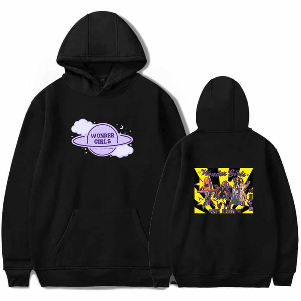 Wonder Girls hoodie, black sweatshirt with colorful graphic print on front and back, perfect for fans of the K-pop girl group, casual wear, comfortable and stylish merchandise.