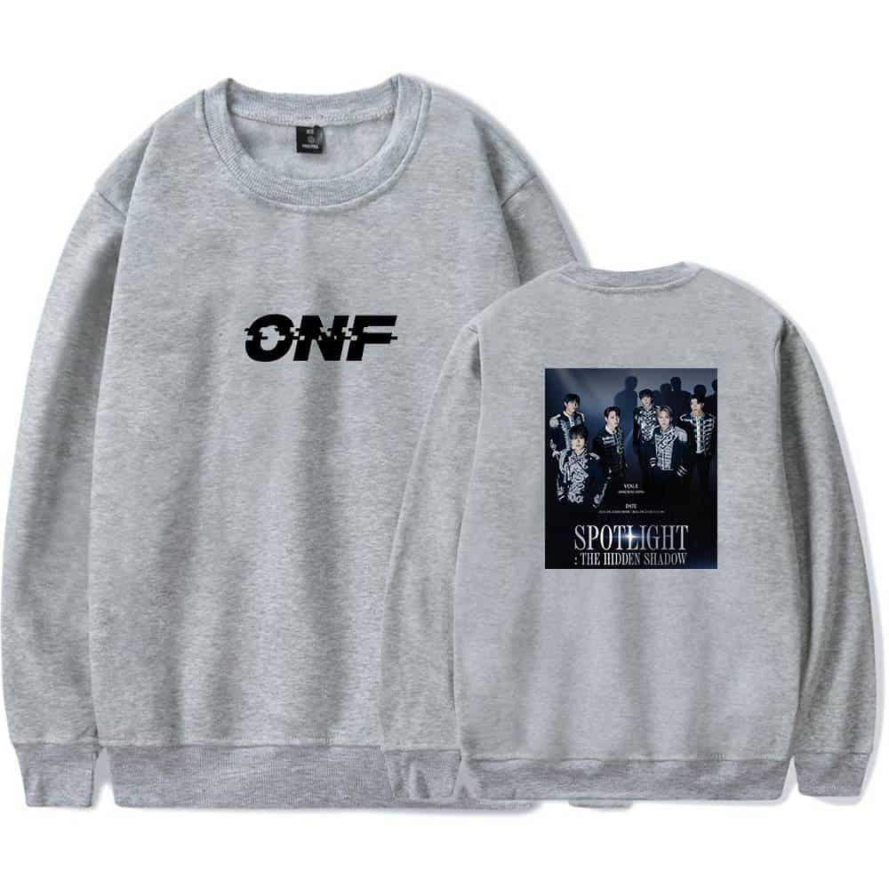 ONF hoodie sweatshirt featuring a front logo and back group photo with "SPOTLIGHT: THE HIDDEN SHADOW" text. Casual, stylish apparel perfect for fans of the group.