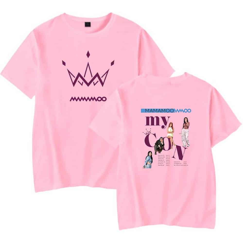 Pink MOMOO graphic T-shirt with crown design on front and collage-style text and images of the MOMOO girl group on the back, perfect for K-pop fans.