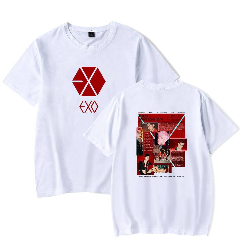 EXO merchandise T-shirt with logo and album artwork, perfect for fans and collectors. Casual streetwear featuring bold EXO branding and a vibrant, detailed back print showcasing the group's latest concept and graphics.