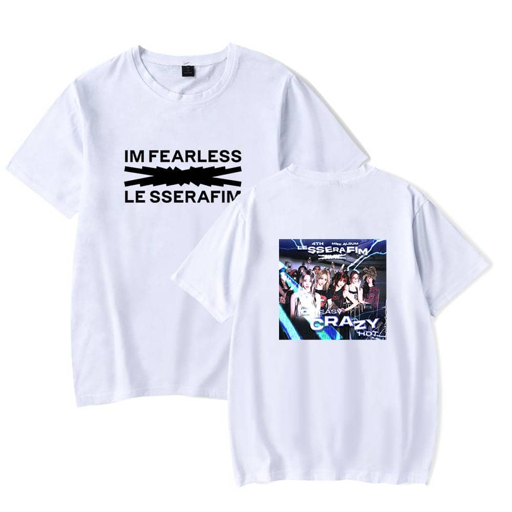 IM FEARLESS LE SSERAFIM white graphic t-shirt with band logo and album artwork, perfect for fans of the K-pop girl group, featuring stylish and comfortable merchandise.