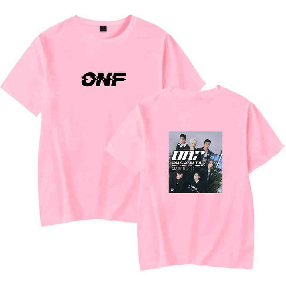 Pink T-shirt with bold "ONE" logo on the front and a promotional tour image on the back, featuring a group of five members and event details. Perfect for fans and concert memorabilia.