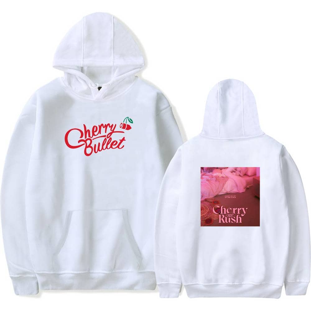 Cherry Bullet hoodie with front text design and back graphic print, comfortable casual wear for fans.