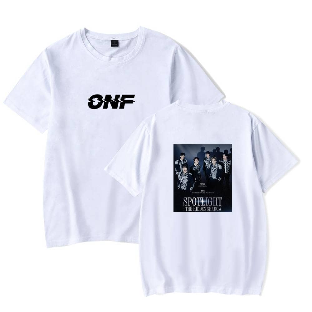 ONF white t-shirt with front logo and back group photo print, perfect for fans and casual wear.