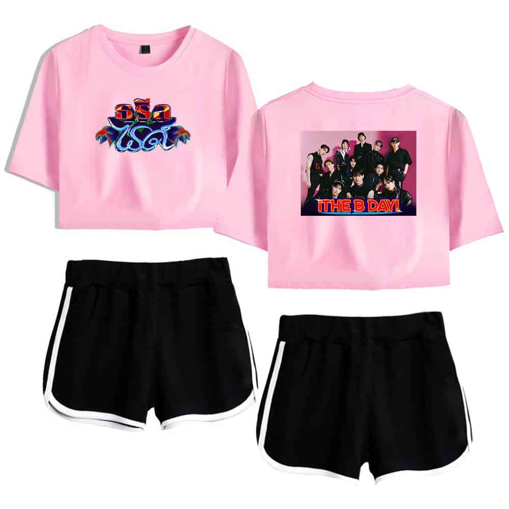 Shorts with black fabric and white side stripes paired with pink cropped T-shirts featuring colorful and group photo graphics. Perfect casual ensemble for fans of the K-pop group THE BOYZ.