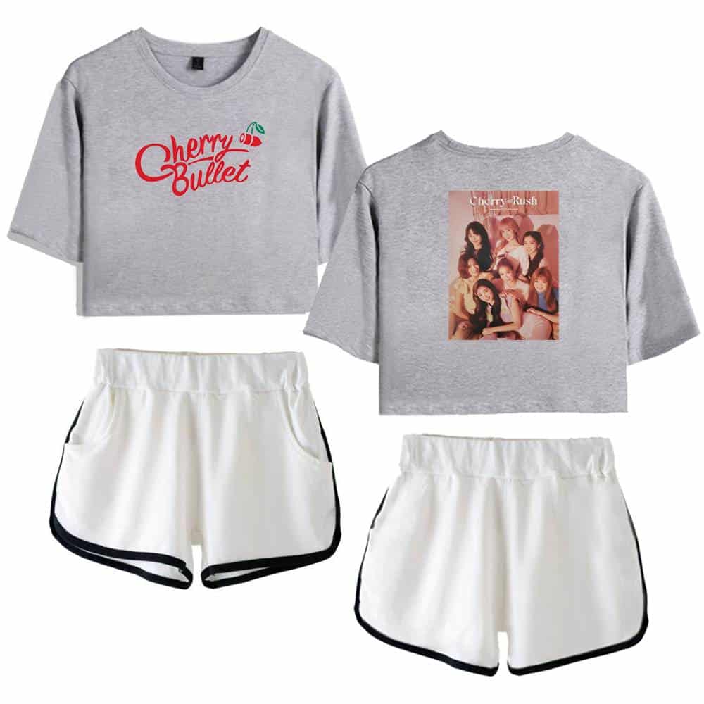 Cherry Bullet graphic crop top and Cherry Rush band photo crop top paired with white athletic shorts with black trim. Perfect casual outfits for fans of Cherry Bullet and Cherry Rush. Great for music events or everyday wear.