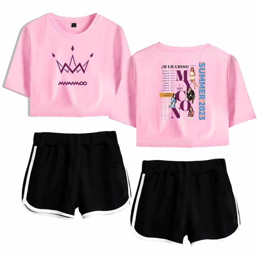 Bright pink crop top with a purple crown graphic on the front, paired with black athletic shorts featuring white trim. Perfect summer festival or casual outdoor wear.