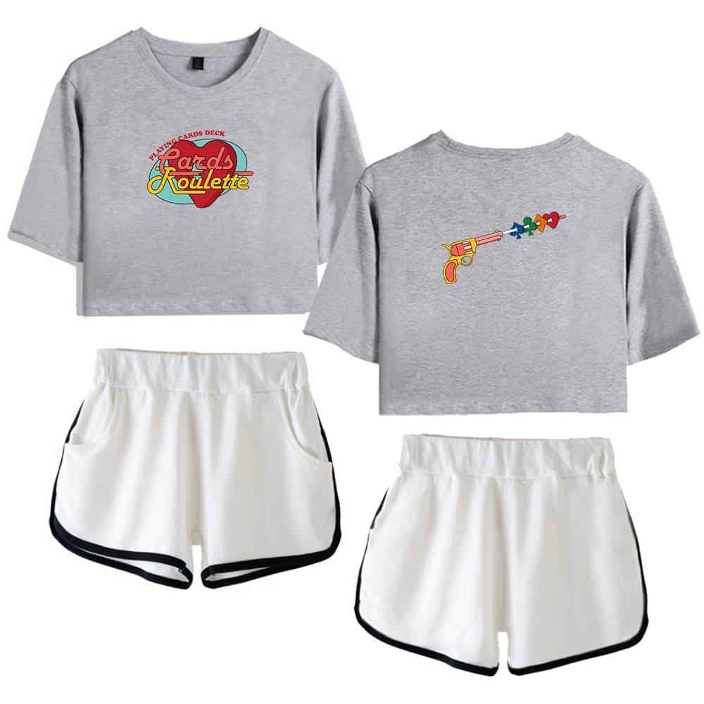 Retro gaming deck cards hoodie with shorts set, featuring playful graphics and casual style for fans of nostalgic card games and streetwear fashion.