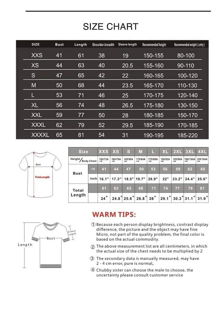 XXXL size men’s graphic t-shirt size chart, bust, length, shoulder width, sleeve length, and recommended height and weight for each size. Includes measurement diagrams and warm tips.