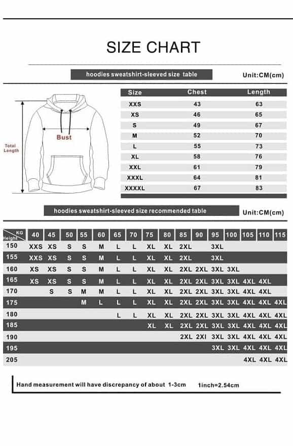 Size chart for hoodies, sweatshirts, and sleeved clothing with measurements in centimeters for various sizes from XXS to 4XL. Includes chest and length dimensions to assist with proper fit.