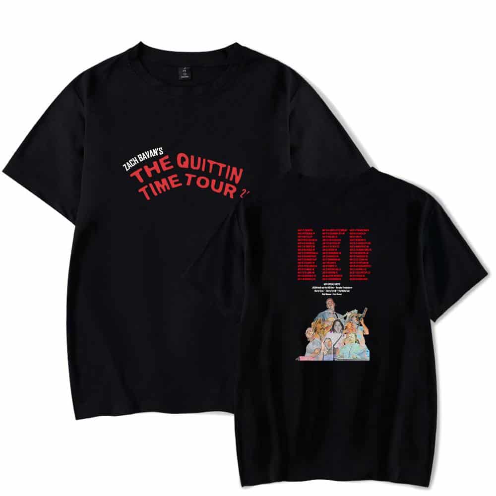 Zach Bavan's The Quittin Time Tour T-shirt with graphic print and tour dates on the back, black fabric, casual style merchandise.