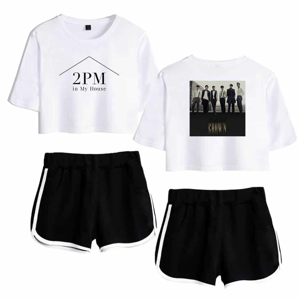2PM in My House graphic t-shirt with band photo on back and sporty black shorts with white side stripes, casual streetwear apparel.