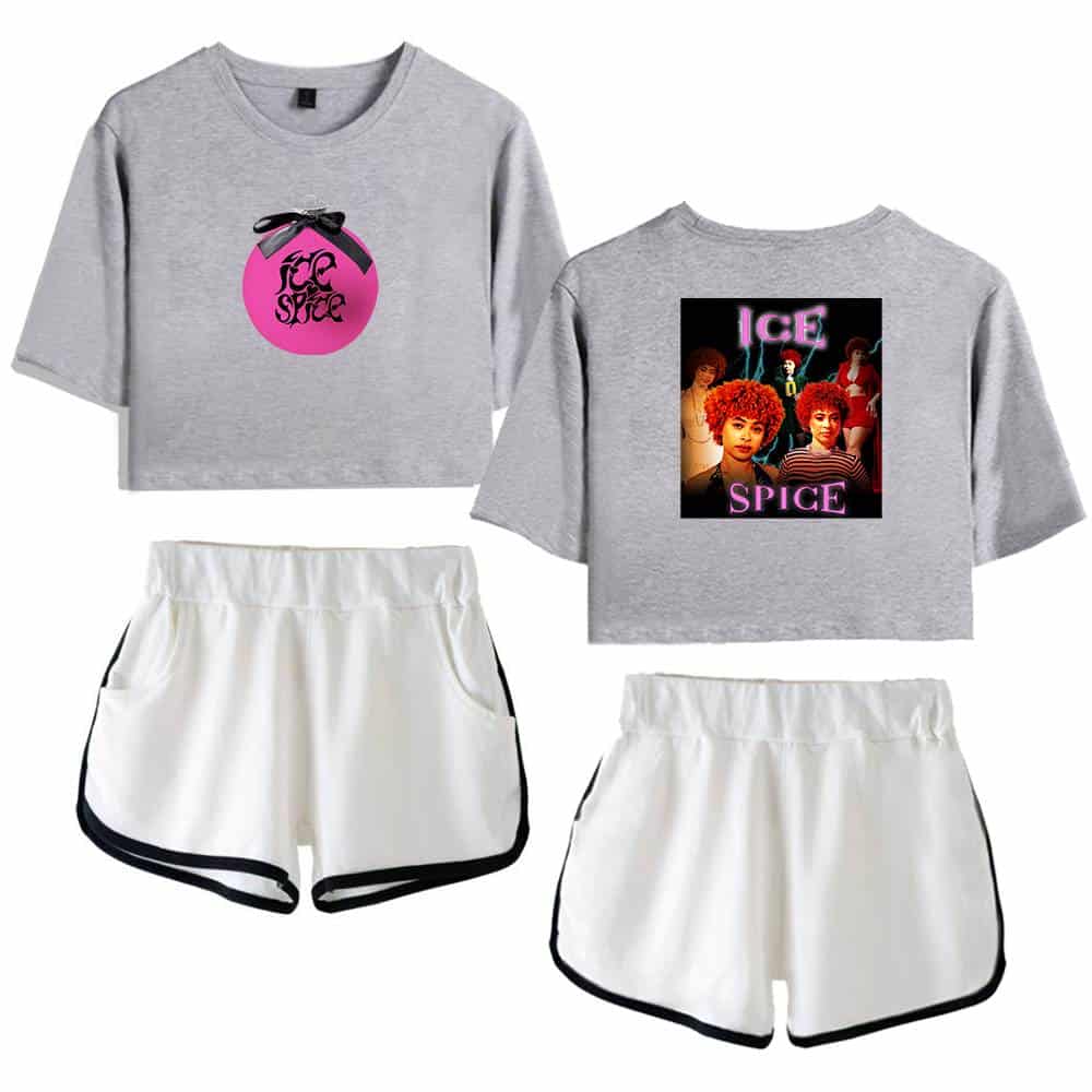 Ice Spice merchandise featuring her logo and album cover, including grey cropped sweatshirts and white athletic shorts with black trim, perfect for fans and casual wear.
