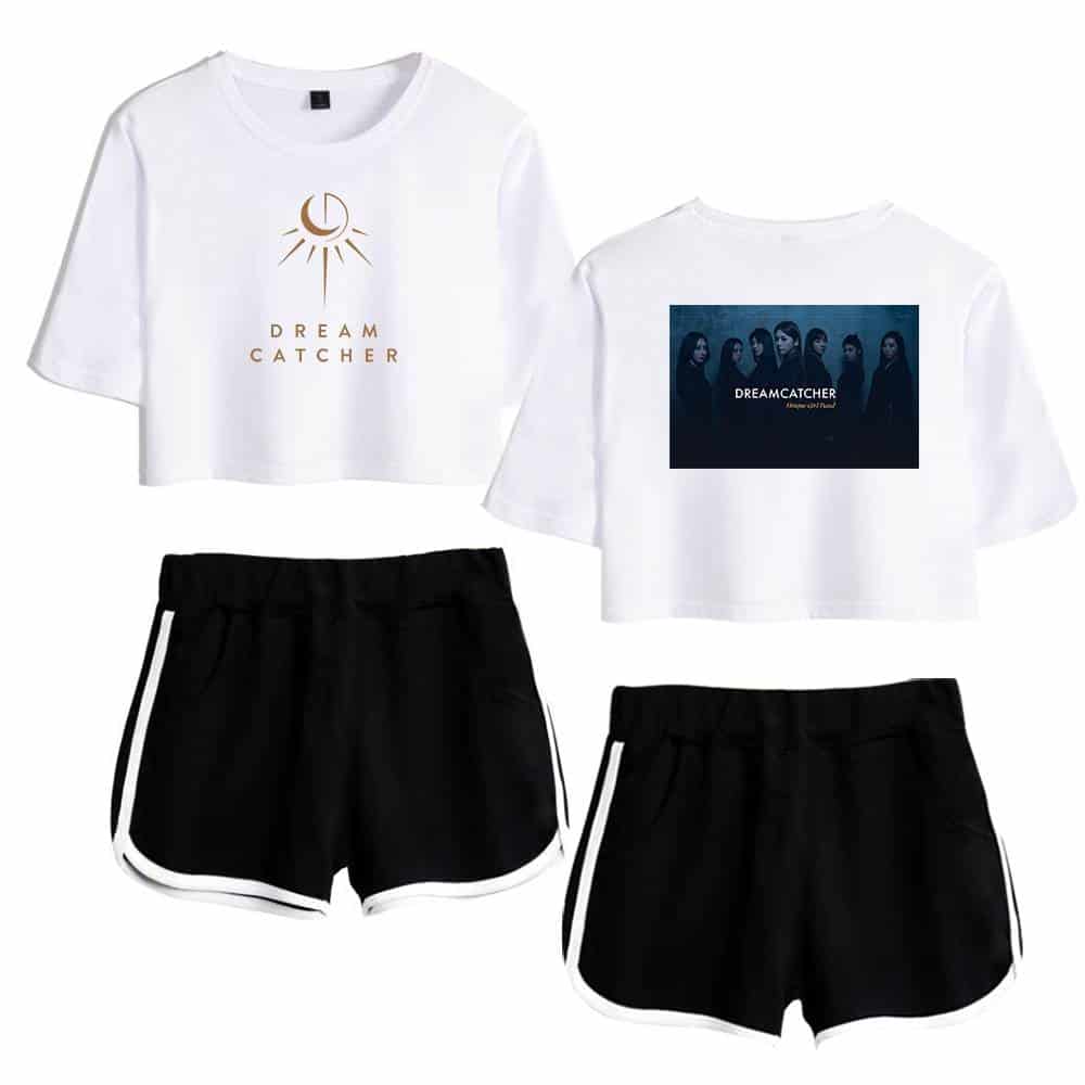 Dream catcher graphic t-shirt with moon and sun design, casual style, and matching black athletic shorts with white side stripes for women’s sporty look.