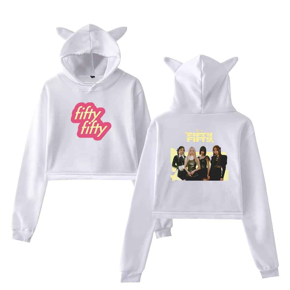 Fifty fifty hoodie with cat ears and graphic print, stylish and cozy, perfect for fans of the K-pop group.