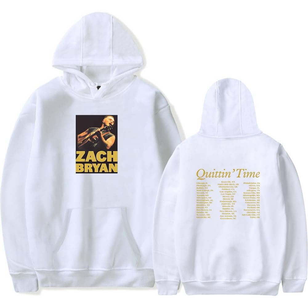 Zach Bryan hoodie with a photo of Zach Bryan on the front and tour locations listed on the back, perfect for fans and concert-goers.