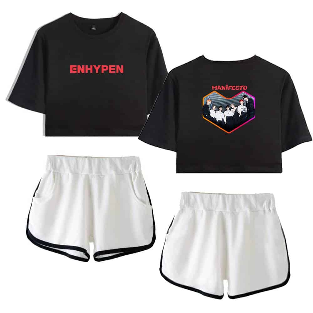 ENHYPEN merchandise set featuring black cropped t-shirts with bold red lettering and a graphic of the band members, paired with white athletic shorts with black trim. Perfect for fans.
