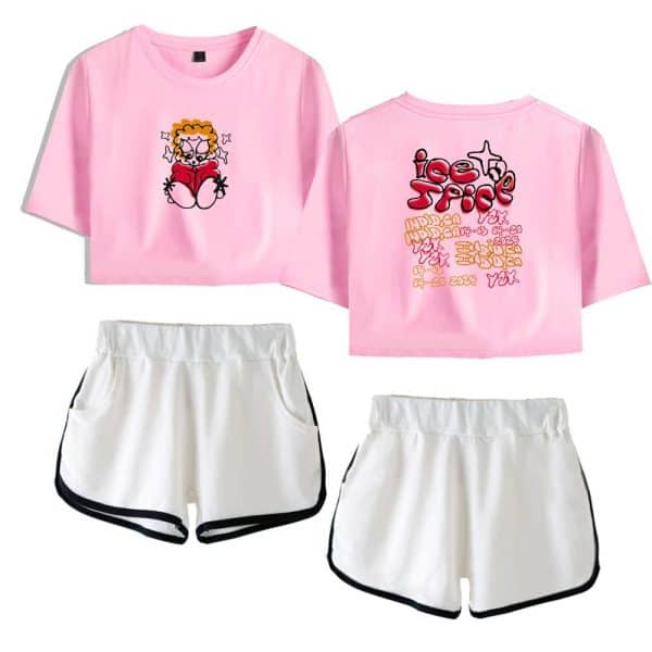 Pink graphic t-shirt with cartoon character and "ice spice" text, paired with white shorts with black trim, casual streetwear casual apparel, trendy comfort wear, youthful fashion merchandise.