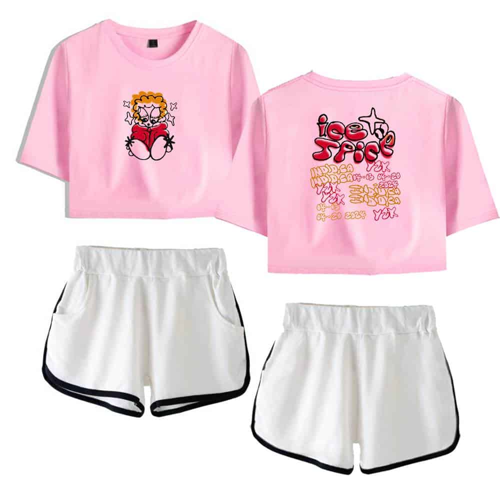 Pink graphic t-shirt with cartoon character and "ice spice" text, paired with white shorts with black trim, casual streetwear casual apparel, trendy comfort wear, youthful fashion merchandise.