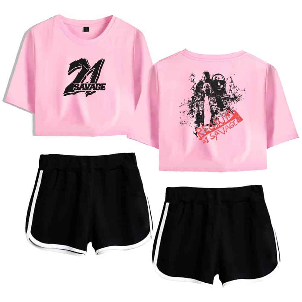 Pink crop top featuring "21 Savage" logo in black print.
