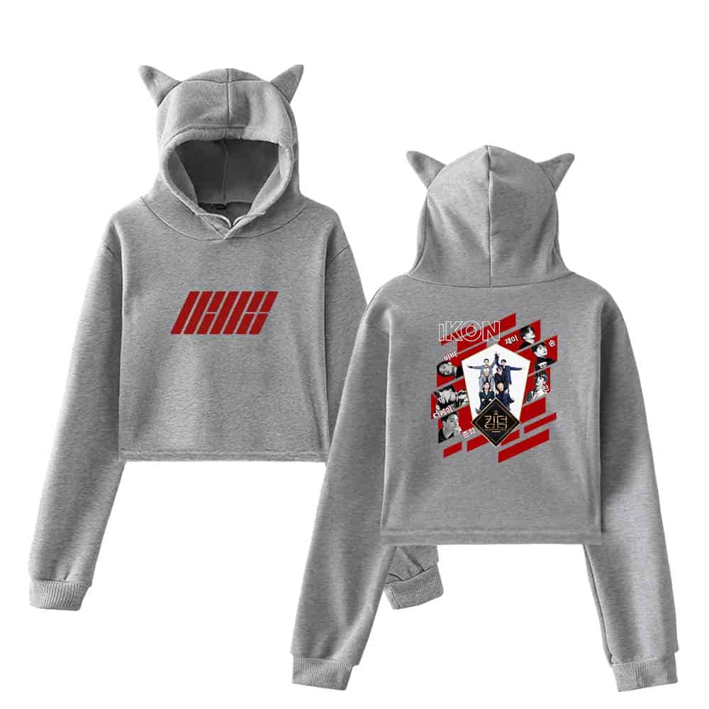 IHG logo printed on a grey cropped hoodie with playful cat ears on the hood, featuring vibrant graphic design on the back, perfect for fans of K-pop merchandise.
