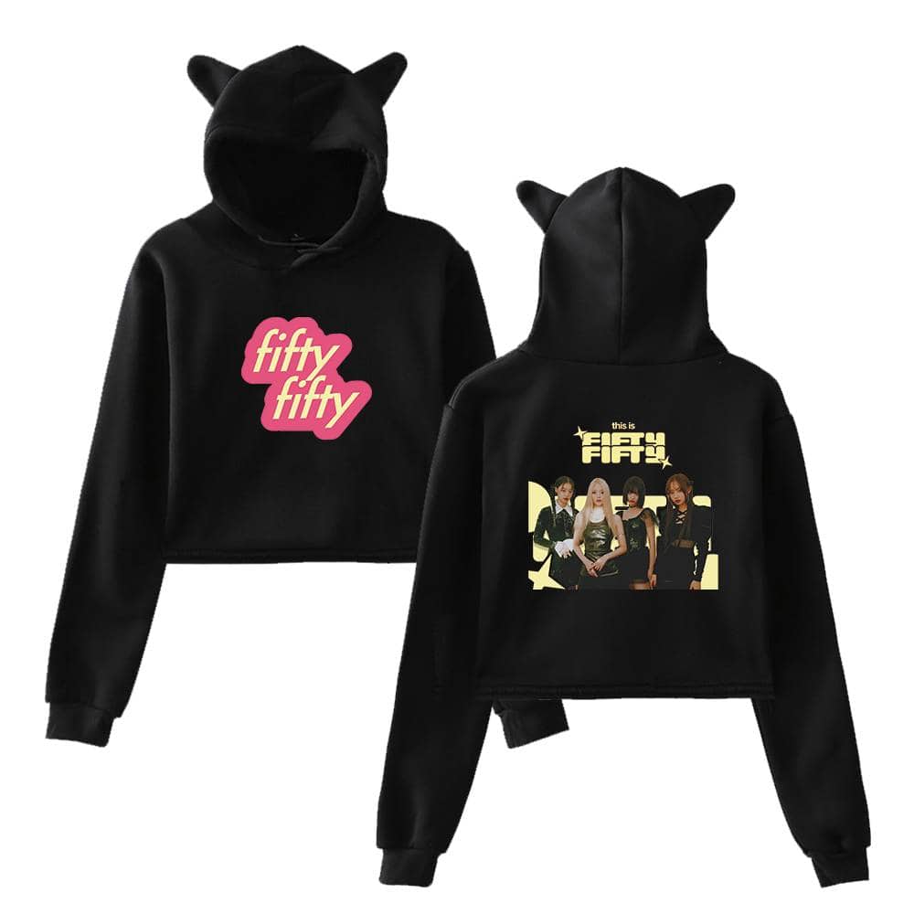 Fifty fifty black hoodie with cat ear hood, featuring graphic print of a girl group and "fifty fifty" text.