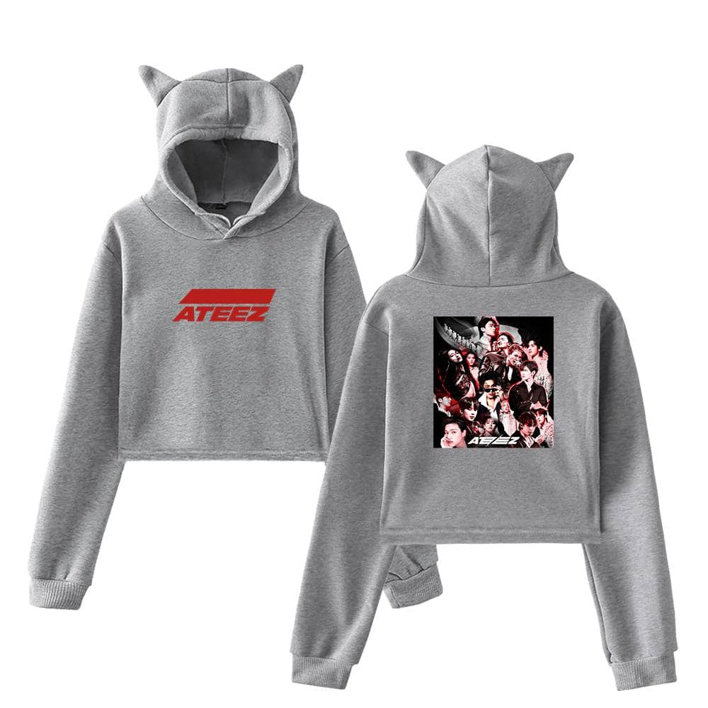 ATEEZ hoodie set with cat-eared hood, front red logo, and back print of band members, perfect for fans of K-pop and comfortable casual wear.