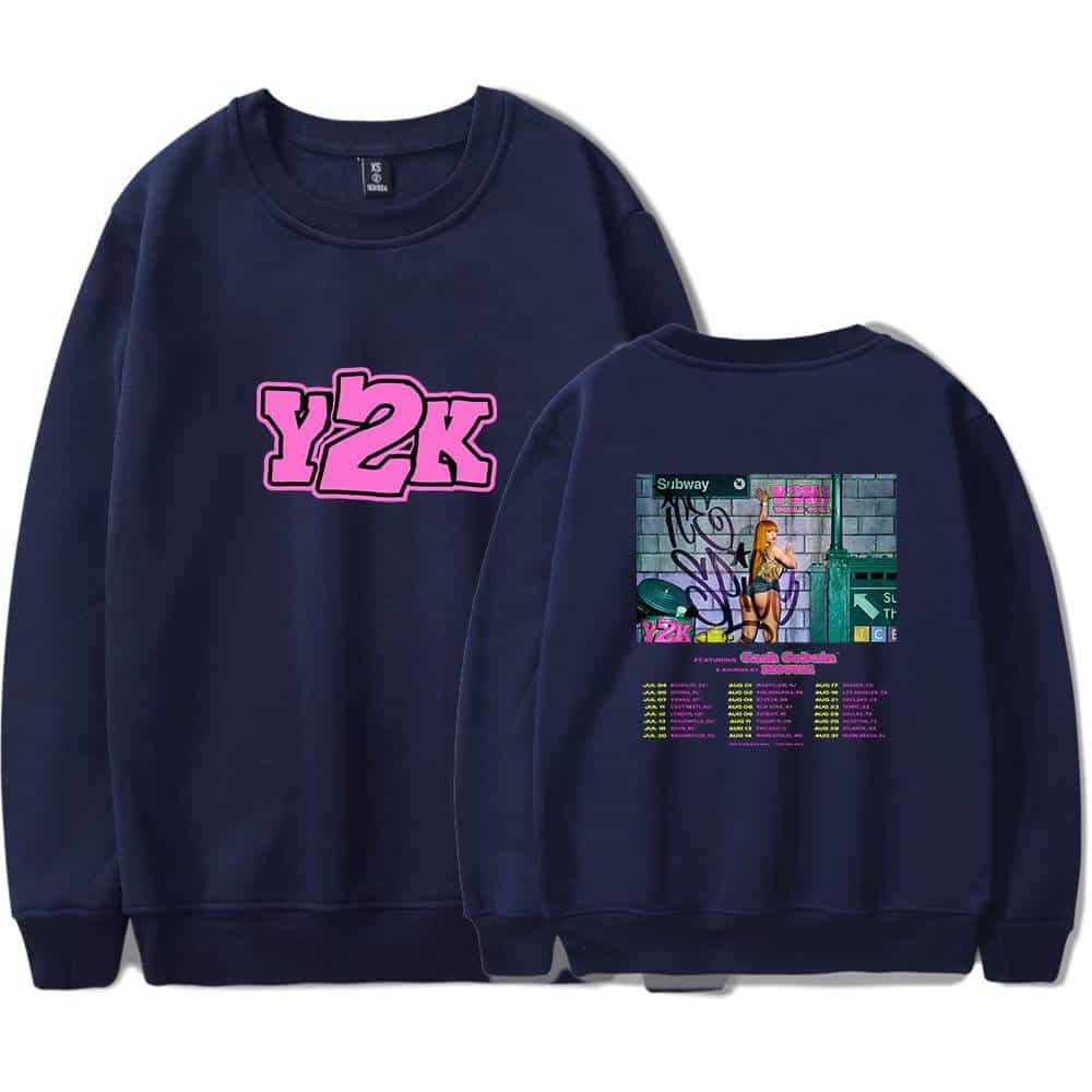 Y2K sweatshirt with retro graffiti and urban street art design, perfect for 2000s fashion enthusiasts. Features vibrant colors and a bold graphic on the front and back, ideal for casual wear.