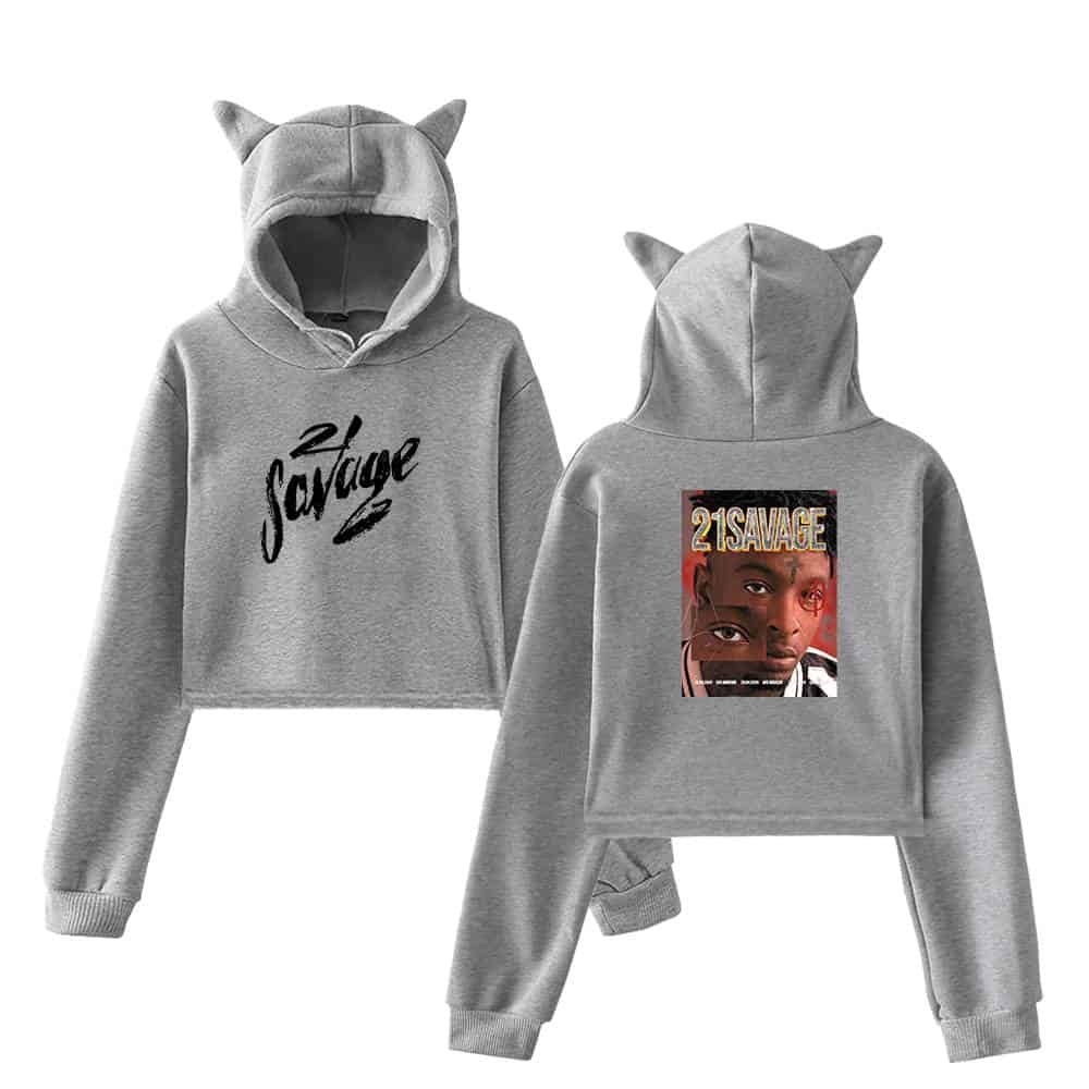 2. Grey cropped hoodie with "2SAVAGE" logo and playful cat ears on the hood, perfect for stylish streetwear looks.