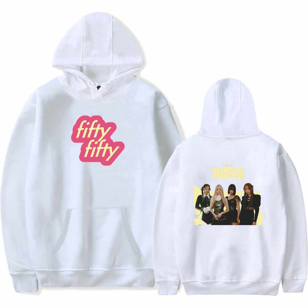Fifty fifty hoodie with front and back designs featuring the group's logo and members, white pullover sweatshirt, trendy streetwear style merchandise.