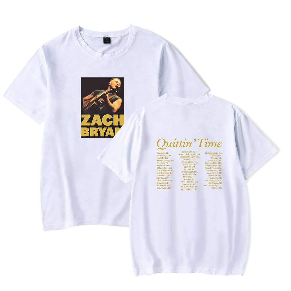 Zach Bryan quitlin' time tour T-shirt with a photo and list of cities on back, perfect for fans of the musician and collector of tour merch.
