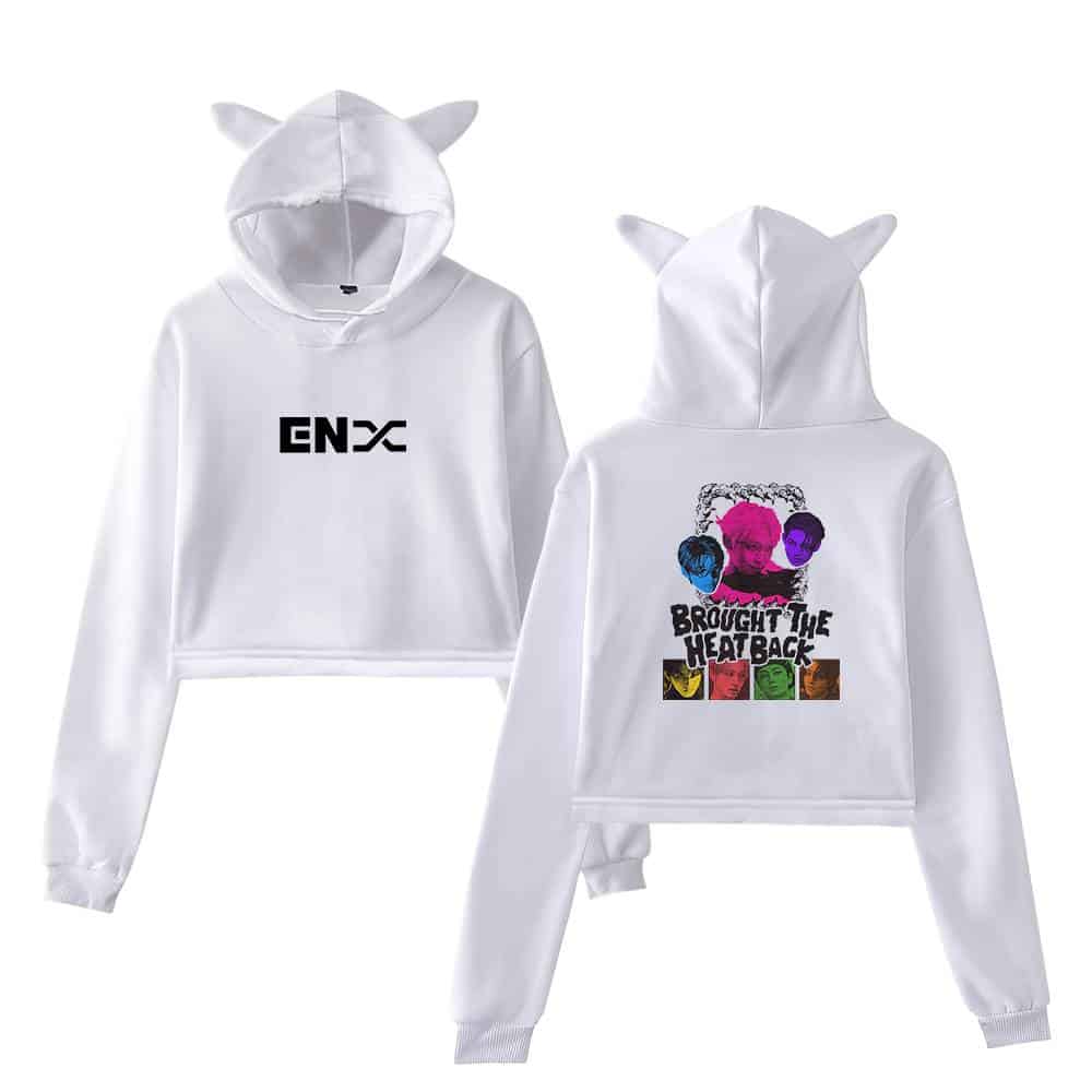 Enyx logo hoodie with animal ears and graphic print back design on white sweatshirt. Trendy, comfortable streetwear with playful animal-themed details and vibrant graphics. Perfect for casual and fashionable wear.