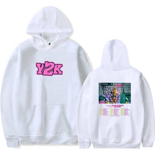 Y2K graffiti hoodie with graphic of a girl at subway station printed on the back and pink "Y2K" logo on the front, perfect for streetwear fashion.