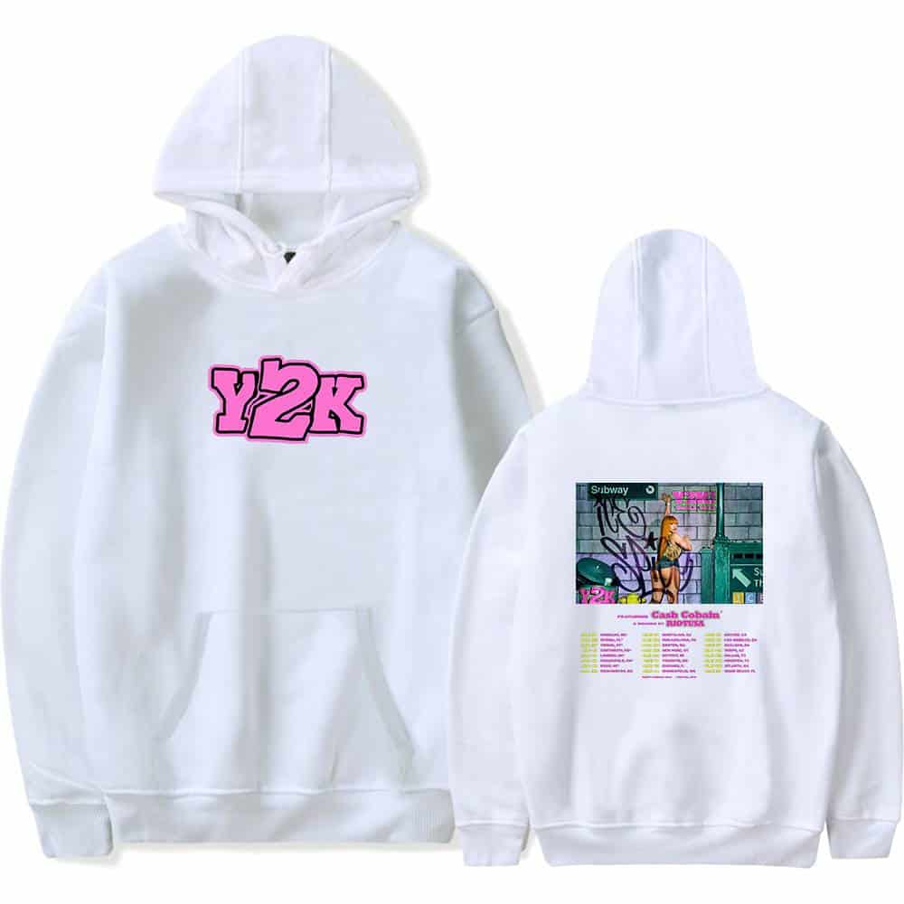 Y2K graffiti hoodie with graphic of a girl at subway station printed on the back and pink "Y2K" logo on the front, perfect for streetwear fashion.