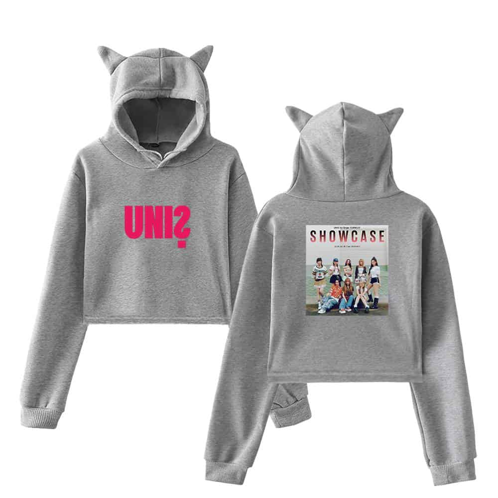 UN12 hoodie with cat ears hood, featuring bold pink text on the front and a group photo design on the back, perfect for fans of the un12 group and streetwear fashion.