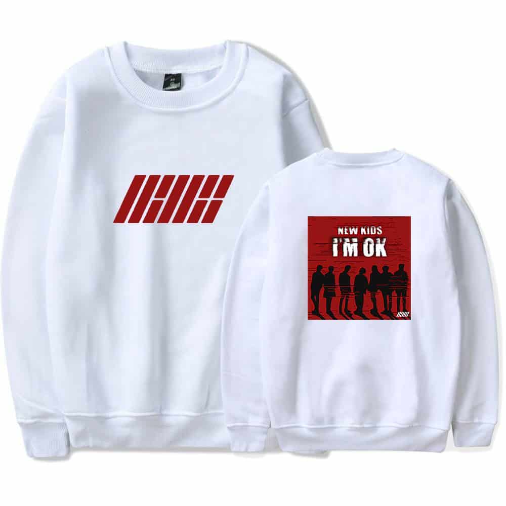 IHX! graphic print on white sweatshirt, bold red design, casual streetwear style, trendy and modern, unisex fashion, comfortable fabric, ideal for everyday wear, youth fashion statement, graphic apparel.