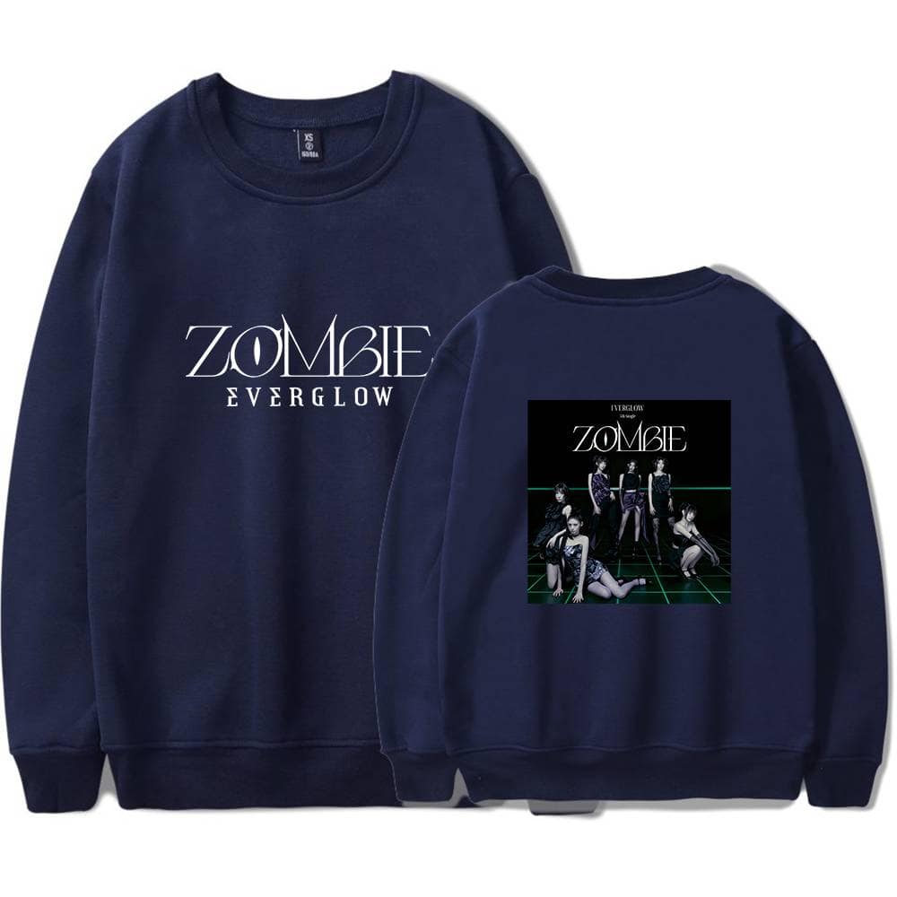 ZOMBIE EVERGLOW sweatshirt, front and back view, featuring band logo and group photo, perfect for fans.