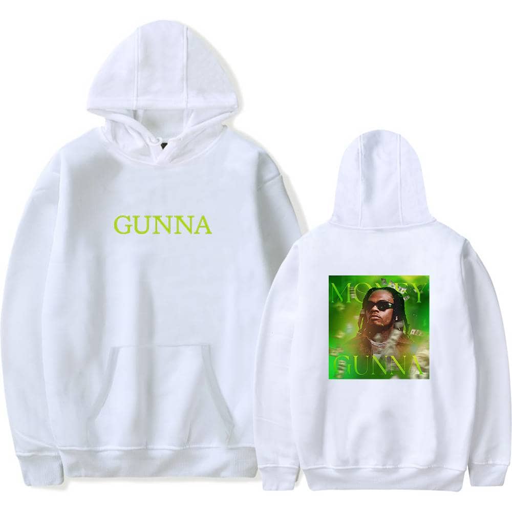 GUNNA hoodie with front text and back graphic featuring a portrait of Gunna with a green background.