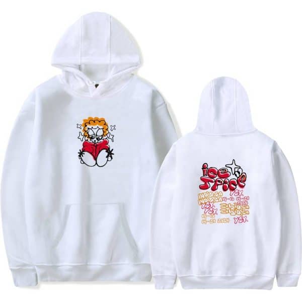 Cute white hoodie featuring a cartoon girl with curly hair and glasses on the front, and colorful "ice spice" text design on the back, perfect for fans of trendy streetwear.