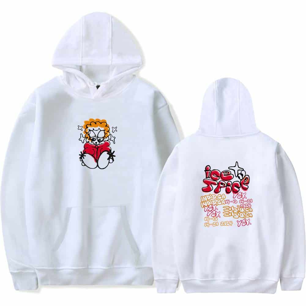 Cute white hoodie featuring a cartoon girl with curly hair and glasses on the front, and colorful "ice spice" text design on the back, perfect for fans of trendy streetwear.