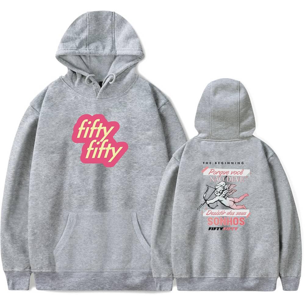 Fifty fifty sweatshirt hoodie, grey oversized casual wear with bold pink fifty fifty logo on front and mythological cartoon on back.